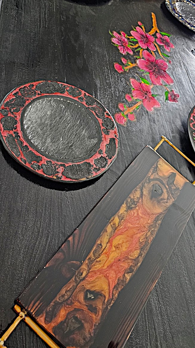 Handmade resin and wood wall art with floral design