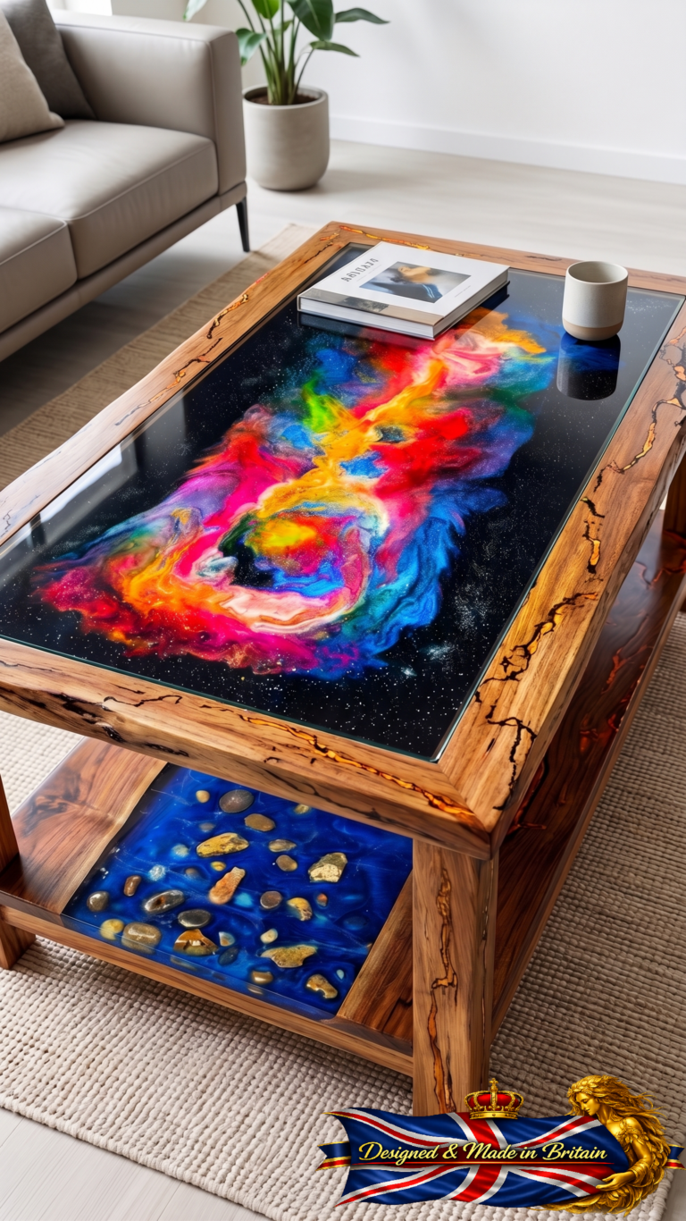 Bespoke wood and resin coffee table with colourful abstract design